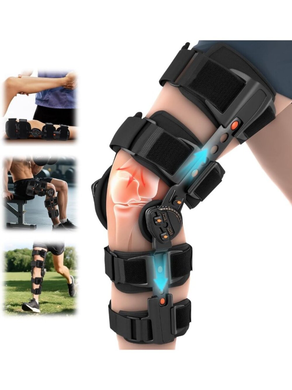 Adjustable Knee Brace with Side Stabilizers for Pain Relief & Support - Black